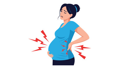 Fototapeta premium Pregnant woman in a blue shirt suffering from severe back and abdominal pain indicated by red lightning bolt symbols during pregnancy.