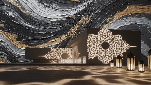 Modern architecture with glowing lanterns, ornate light, and abstract gold background