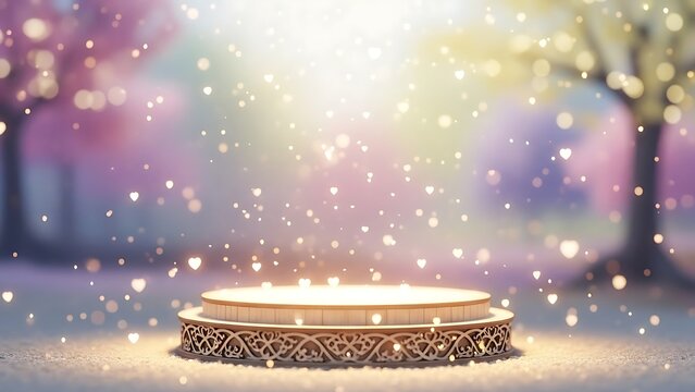 A serene and magical scene with a golden platform surrounded by sparkling lights.