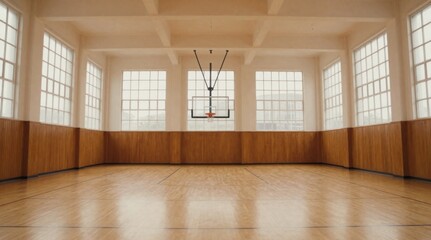 Obraz premium Empty Gymnasium Interior with Basketball Hoop, Hardwood Floor, and Natural Light for Sports or Fitness Concepts