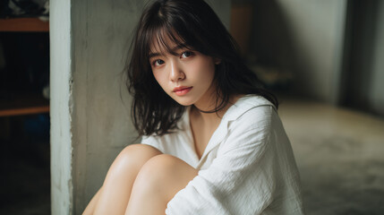 Fototapeta premium Relaxed Japanese woman sitting on floor in cozy room natural light