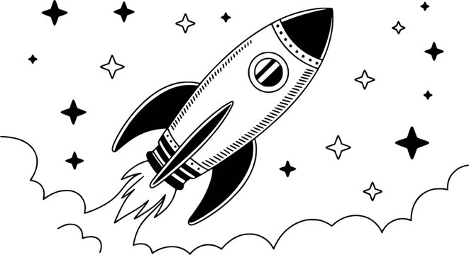 Black and white cartoon rocket ship blasting off into a starry sky with clouds space