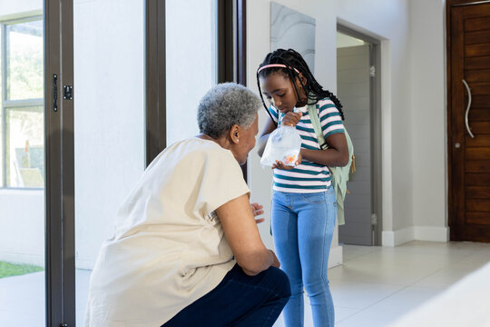 African Senior woman crouching while African Youth girl holding plastic bag with goldfish in foyer