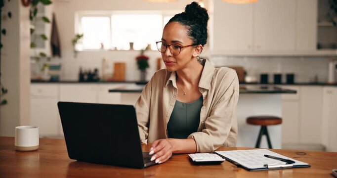 Happy woman, laptop or done with finance in home for tax deduction or asset management. Female person, accounting or finished with computer for financial audit, investment or budget planning in house