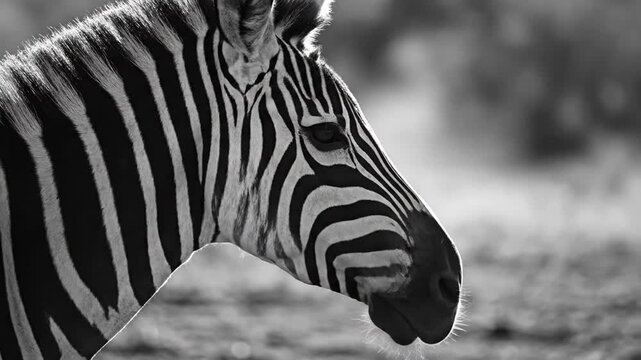 Close-up profile of a wild zebra in black and white