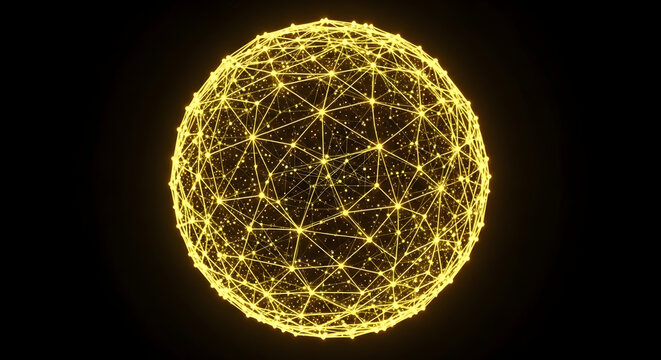 Digital geodesic sphere visualization with glowing yellow nodes and network lines