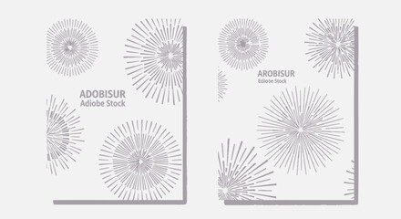Vector set of gray sunburst designs on white background with subtle purple gradient