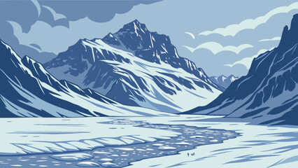 Vintage Style Illustration of an Arctic Glacier with Frozen River and Blue Mountain Peaks © MdRezaurrahman