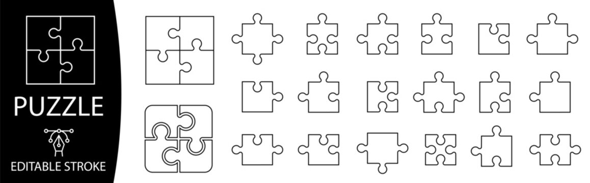 Puzzle line icons. Puzzle pieces. Solution, jigsaw, strategy, connection, brain. Editable stroke