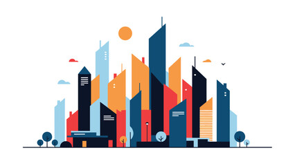 Fototapeta premium Stylized modern city skyline with tall skyscrapers in vibrant colors under a bright sun for urban architecture and real estate.