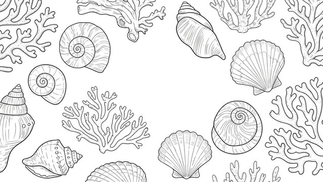 Hand drawn sketches of various seashells and coral branches arranged in a frame for coastal and nautical themes and designs.