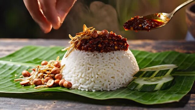 Malaysian Nasi Lemak rice being served with spicy sambal sauce 4K Video