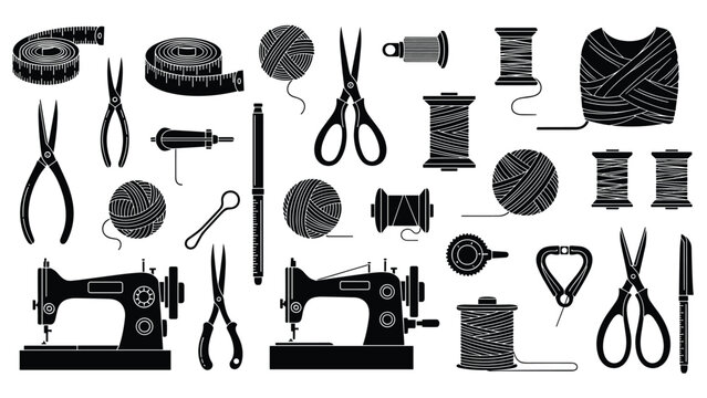 Comprehensive set of sewing and tailoring icons shown as black silhouettes on a white background for design.