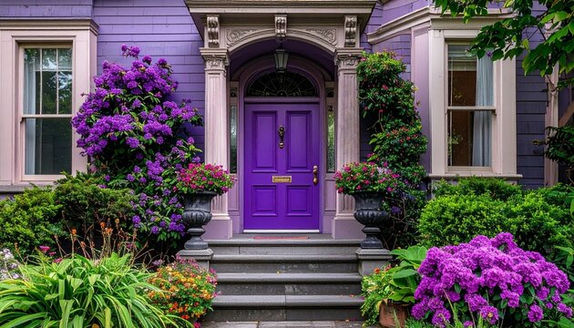 Purple House Entrance with Ornate Door and Lush Floral Accents