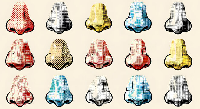 A colorful arrangement of various human noses in a grid pattern