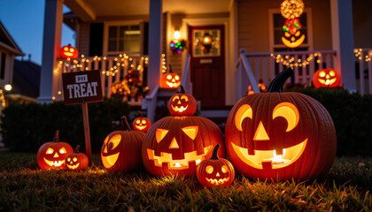 Obraz premium Glowing jack-o'-lanterns on porch at night, Halloween celebration