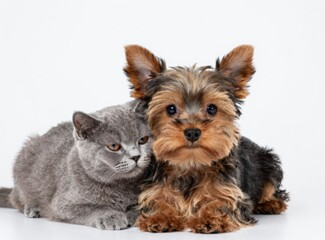 Adorable Yorkshire Terrier Puppy and British Shorthair Kitten Cuddle Together on White Background, Companionship
