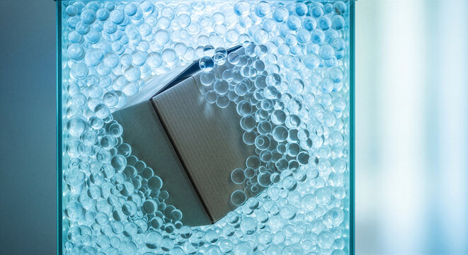 Cardboard box submerged in water beads inside glass container with blue lighting