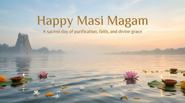Masi magam festival celebration with lotus flowers and candles on water at sunset