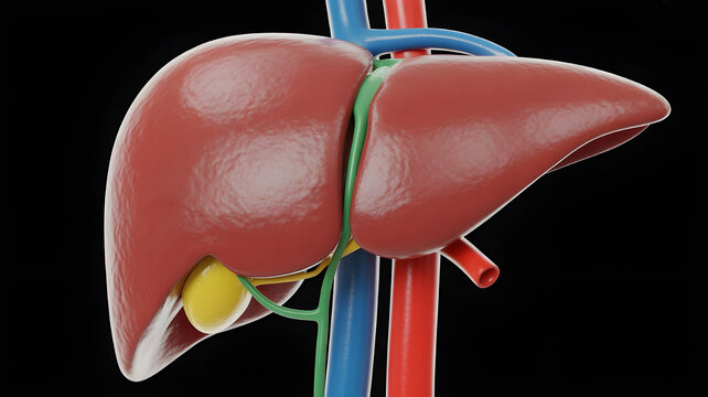Human liver anatomy, lobes and blood vessels visible, realistic medical render, high detail