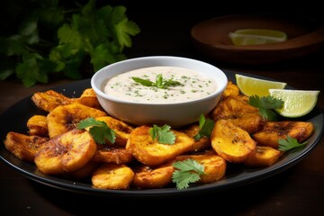 Fototapeta premium Golden brown fried plantain slices serving with creamy dipping sauce and lime wedges