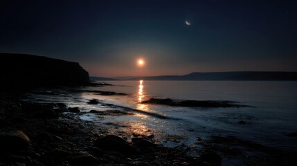 Fototapeta premium There’s shadows dancing on the shore There’s the moon quietly glowing In the star strung sky Waiting for the dawn To awaken the day You are always there Poised in the horizons 