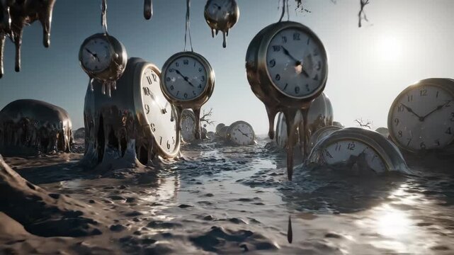 Melting Clocks in Surreal Mud Landscape Symbolic Time Concept