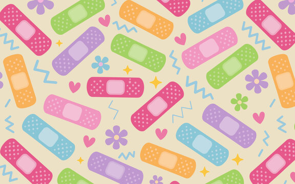 Colorful cartoon band aids and cute floral seamless pattern background bandaid plaster