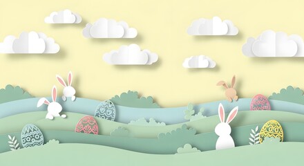 Naklejka premium Easter Bunny Landscape with Paper Cutout Style