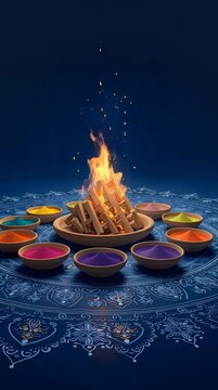 Traditional Holika Dahan bonfire with colorful powders for Holi