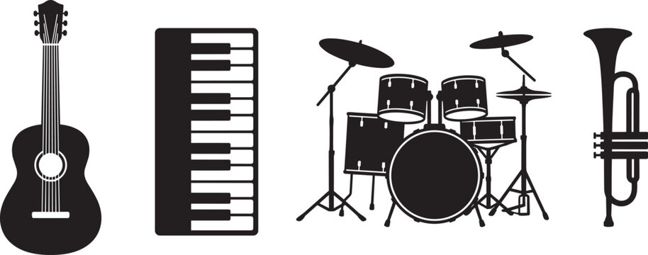 Musical instruments silhouette set, guitar piano keyboard drum kit trumpet black illustration
