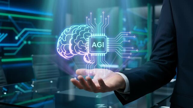 Artificial general intelligence AGI, machine learning automation driving business transformation with technology innovation hologram above hand office display