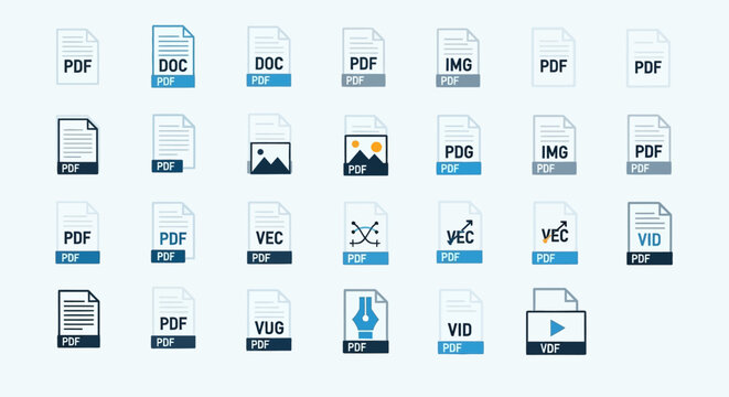 File Format Icons: PDF, DOC, IMG, VEC, VID