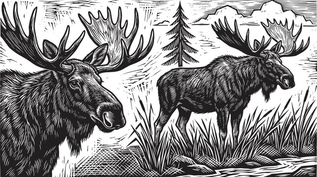 Moose wildlife engraving illustration featuring majestic elk in forest landscape vintage black and white woodcut style