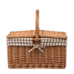 Brown wicker picnic basket with gingham trim and handle