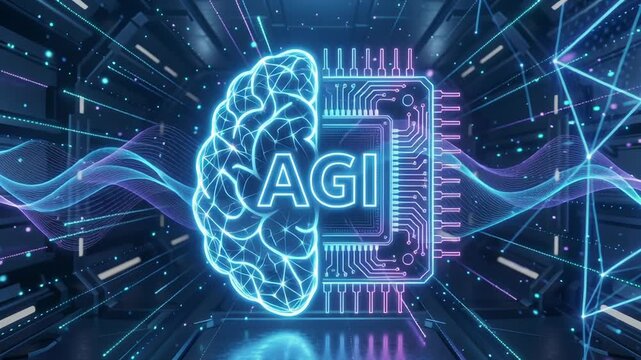 Artificial general intelligence AGI symbolize machine learning automation driving business transformation systems, digital technology with glowing network circuit design
