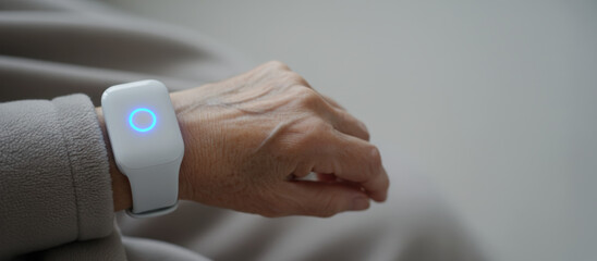 Obraz premium Calm senior hand with wearable artificial intelligence for safe healthcare monitoring
