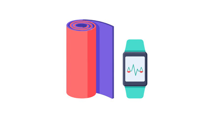 Fitness Tracker and Yoga Mat Illustration. Workout Technology and Wellness Equipment Icon Set in Flat Design.