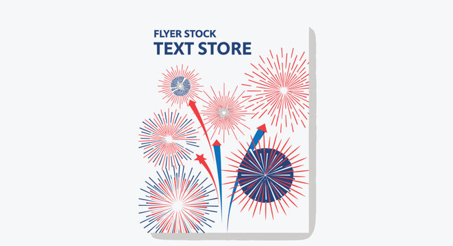 Vector illustration of pink, blue and red fireworks on a white flyer with TEXT STORE text
