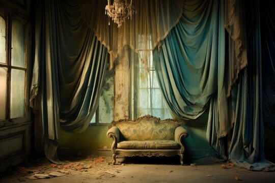 Ornate sofa sitting in a derelict room with long, draped curtains and a broken chandelier