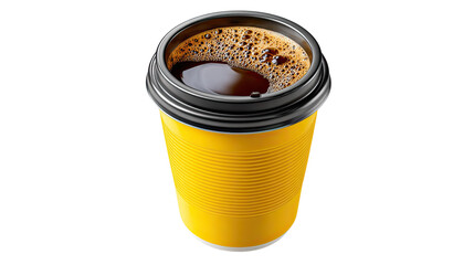 Golden Brew: A vibrant yellow takeaway cup of rich, dark coffee, topped with a frothy layer.