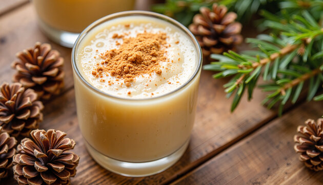 Classic eggnog cocktail with nutmeg on wooden surface, holiday vibes