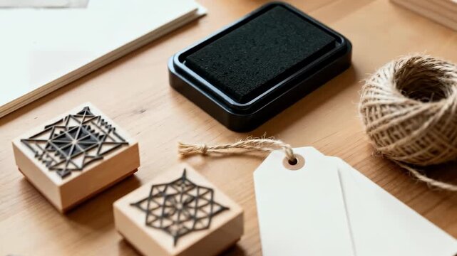 Close up of a black ink pad, wooden rubber stamps, white gift tags, and a ball of twine on a light wood surface for crafting and scrapbooking