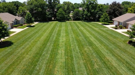 Fototapeta premium Aerial view of a meticulously maintained lawn featuring precise mowing patterns in a residential neighborhood