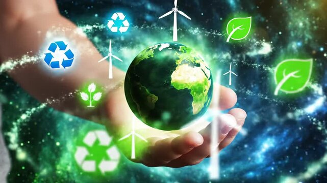 Hand holding glowing Earth globe with renewable energy symbols