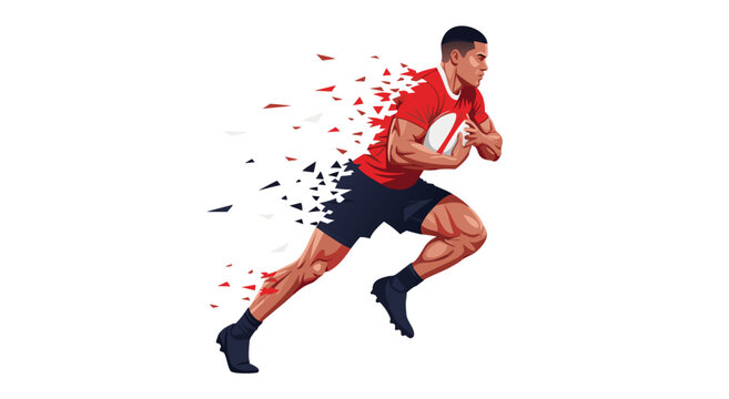 Dynamic sports vector illustration of a male rugby player running with the ball, depicted in a pixelated, fragmented style