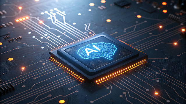 AI Microchip Central Processor with Glowing Neural Network Symbol, Technology Concept
