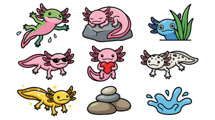 Obraz premium Cute cartoon axolotl vector stickers set featuring sleeping, swimming and loving salamander characters in various poses with heart, sunglasses and zen stones.