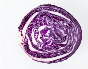 Obraz premium Close-up cross section of fresh red cabbage showing natural layered structure and vivid purple color, isolated on a clean white background. Suitable for food concepts, nutrition, and natural texture 