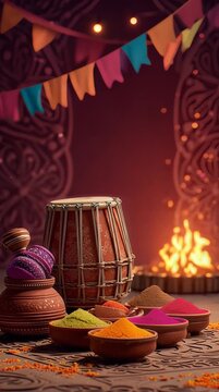 Holika Dahan Celebration with Traditional Dhol and Colorful Gulal